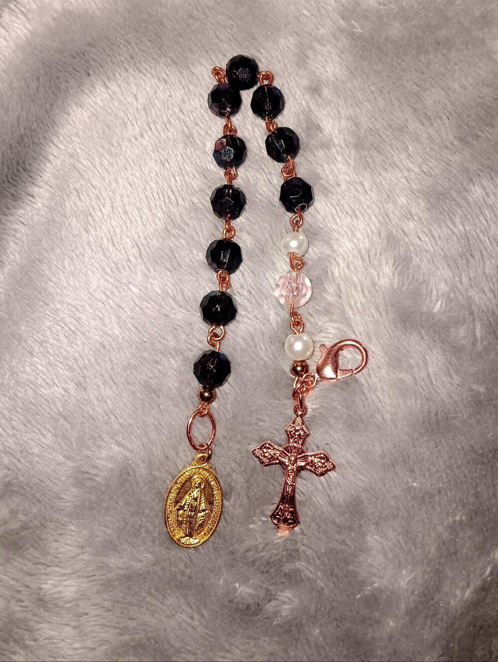 Rose Gold Cross Pocket Rosary with Black Beads and Pink Accent